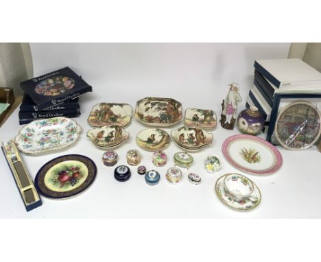 A collection of ceramics including Doulton seriesware 'Greenwood', a painted Royal Worcester plate, trinket boxes and collect