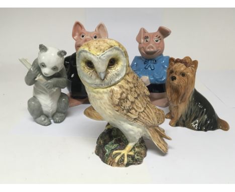 A large Beswick model of an owl number 1046, height 20cm, A Neo figure of a panda bear, a Royal Dux dog figure, two NatWest b