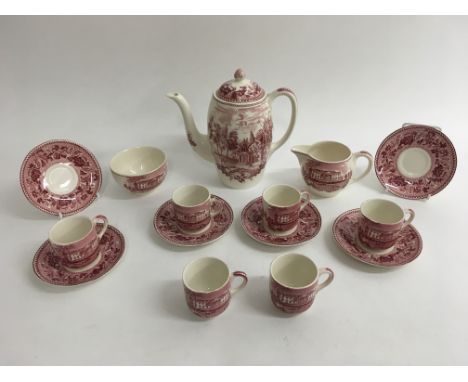 A Johnson Bros. coffee set complete with six cups and saucers, coffee pot, sugar bowl and cream jug. Embossed in pink with 'H