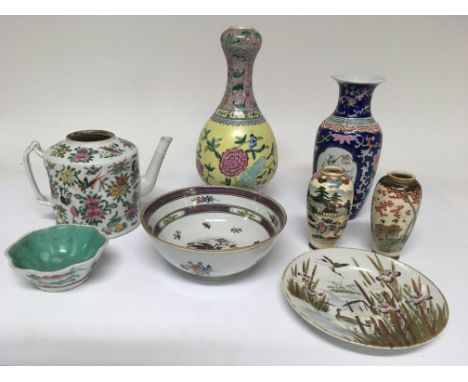 A small collection of Chinese ceramics including a famille vert teapot and a pearlware type bowl painted with fancy birds