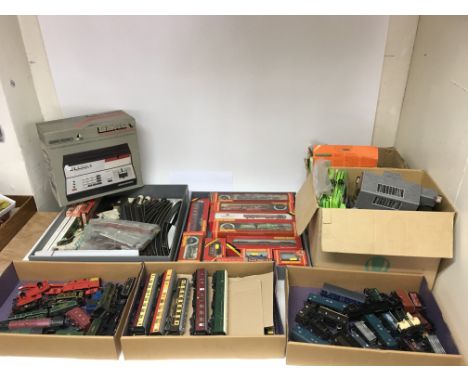 A collection of model railway accessories including a hornby "Zero 1" R950 master control unit, track, various boxed and unbo