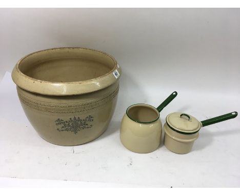 A very large Doulton bread pan (some damage) and two saucepans in green and cream.