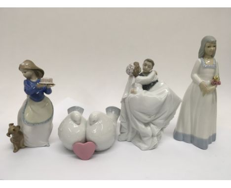 3 Nao figures depicting love birds, a married couple and a young with a cake and a dog along with an additional figure of a y