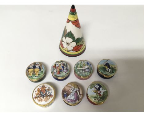 A Wedgwood reproduction Clarice Cliff sugar shaker and seven Royal Doulton trinket boxes including Alice in Wonderland