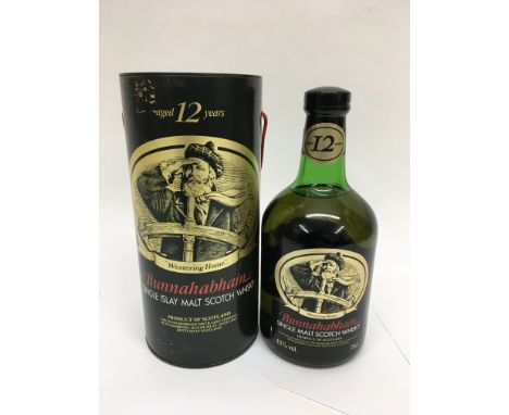 A bottle of Bunnahabhain single islay malt Scotch whiskey.