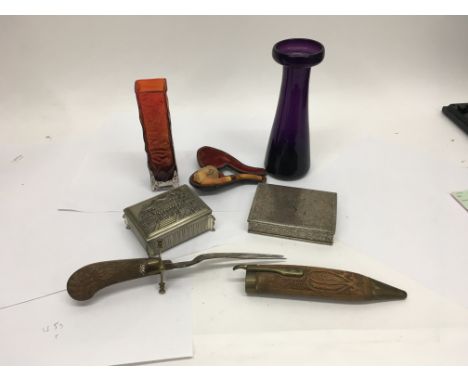 A box of various pieces of glassware, ceramic and miscellaneous items, examples of if which include two silver plated cigaret