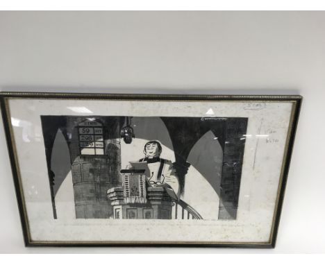 An original signed, John Bertram-Wood (Emmwood), cartoon lithograph, depicting a priest in a pulpit with caption underneath.P
