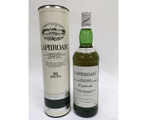 A bottle of 10 year old Laphroaig malt Scotch whiskey.