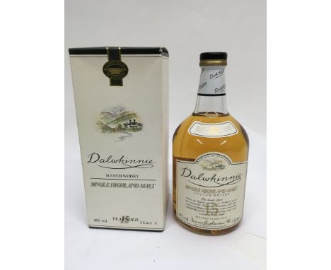 A bottle of Dalwhinnie single Highland malt Scotch whiskey. Aged 15 years when bottled.