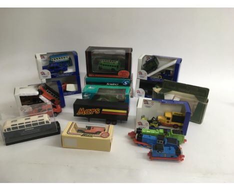 A box containing boxed model vehicles including EFE, models of yesteryear, Lledo, an original omnibus and others.