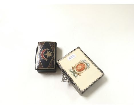 Antique French metal box with decorated lid (buquet greuze lubin paris) and a decorated snuff box with Turkish design on lid