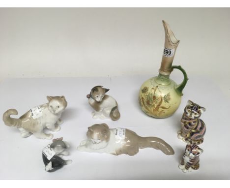 Two Royal Crown Derby cats, various others including NAO and an Edwardian jug