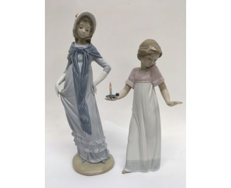 A pair of Nao figurines of young ladies in dresses.