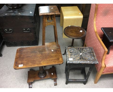 A seven piece collection of furniture includung four occasional tables, a small oak plant stand, a small cane seated chair an