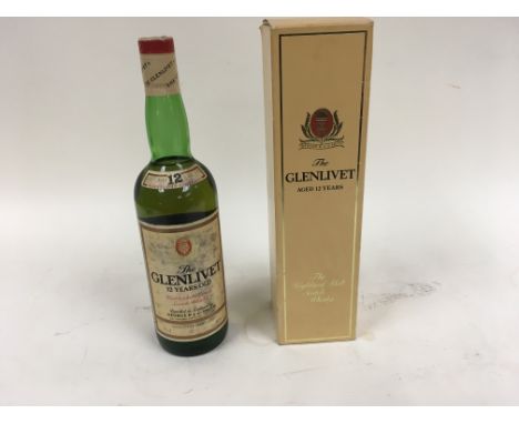 Two bottles of Glenlivet, both aged for 12 years. One bottle is an unblended all malt scotch whisky and the other is a boxed 