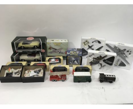 Two boxed 1/18th scale Corgi MGB's together with a small collection of boxed Corgi cars and vans, unboxed Corgis and various 