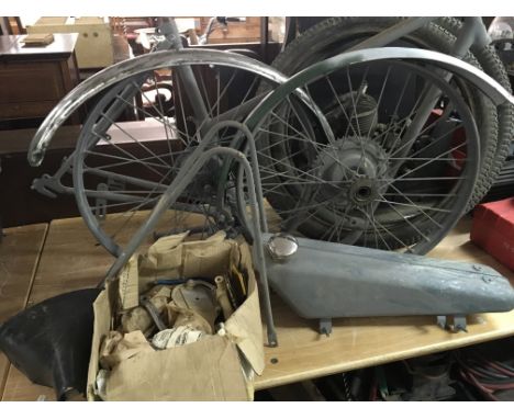A Collection of New Hudson autocycle parts including frame, villiers 2f engine,tank etc