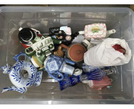 Two boxes containing decorative tea pots and other ceramics including Crown Staffordshire, Hunting Scence, (2)