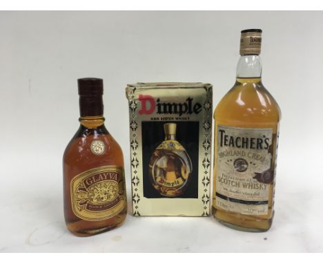 Three bottles of alcohol to include a litre bottle of Teacher's highland cream, a boxed bottle if Dimple Haig scotch whisky a