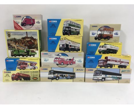 A box containing a collection of boxed Corgi classics including tankers and lorries.