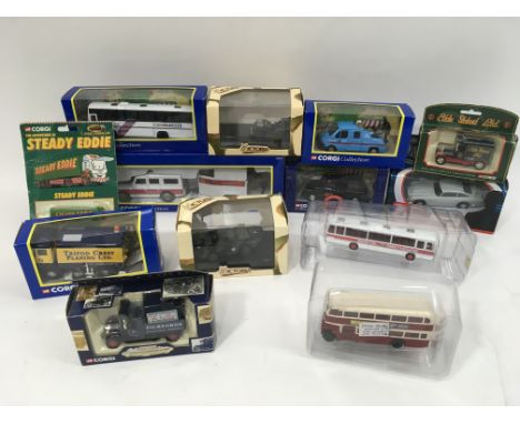 Two boxes containing various boxed Corgi classics vehicles including Eddie Stobart coaches.