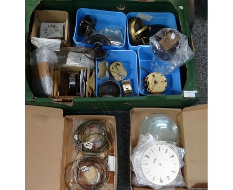 Box of clock parts to include: various metal wires, metal and enamel clock faces, watch and clock glasses, mechanisms includi