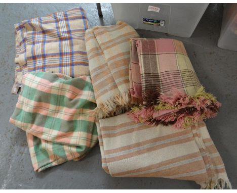 Box of four vintage woollen check blankets or carthen and one striped.(B.P. 21% + VAT) 