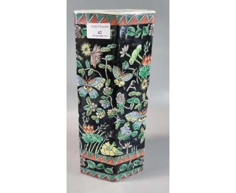 Chinese export porcelain hexagonal straight sided vase, decorated with butterflies, Lotus flowers and foliage, all on a black