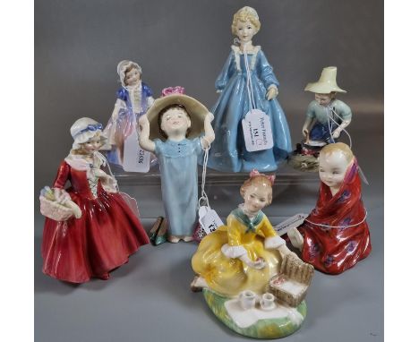 Six Royal Doulton bone china figurines, to include: 'This Little Pig', 'Picnic', 'Make Believe' etc.  together with Royal Wor