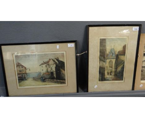 Group of assorted architectural etchings, various: street scenes, cloisters etc.  Six framed, one unframed.  (B.P. 21% + VAT)