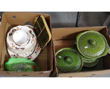 Two boxes of mostly china to include: TG Green &amp; Co Ltd Church Gresley pottery 'Hunt Club' design plates, oval dishes, me