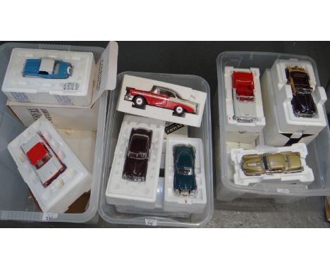 Three plastic boxes of Danbury and Franklin Mint diecast model vehicles, to include: 1955 Oldsmobile Super Convertible, 1949 