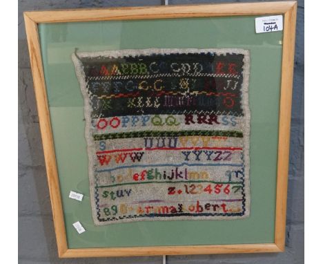 Child's tapestry sampler, probably 19th century.  27x25cm approx.  Framed and glazed.  (B.P. 21% + VAT) 