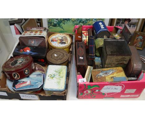 Two trays of assorted vintage biscuit tins etc.   (B.P. 21% + VAT) 