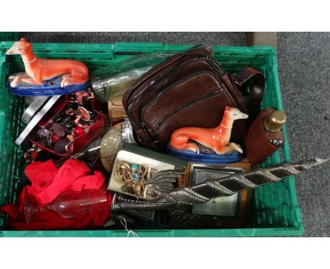 Box of assorted items to include: dragon design scabbard and dagger, Staffordshire seated pair of greyhounds, wooden cased wa