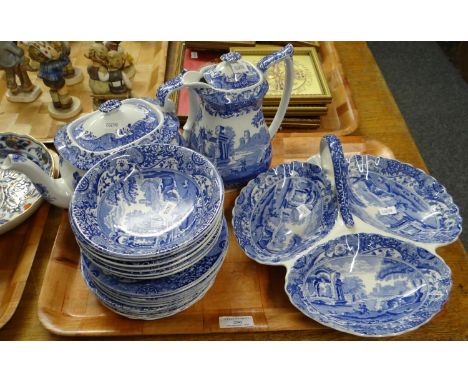 Tray of blue and white Copeland Spode 'Italian' design items to include: small bowls, teapot, water jug, plates and a three s