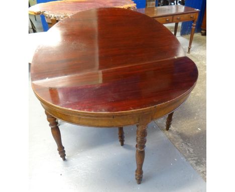 18th century red walnut double fold over demilune tea and card table with pull out centre rear leg, the legs being Victorian 