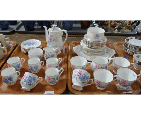 Two trays of Royal Albert English bone china Friendship series 'Sweet Pea' design items to include: fifteen piece coffee set,