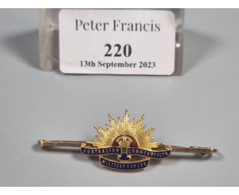 15ct gold Australian Commonwealth military forces enamel tie pin/brooch.  4.5g approx.  (B.P. 21% + VAT) 