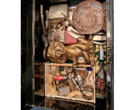 Tin deed box with key comprising: Lyons International moneybox, pen knives, cigarette cases, lighters, medals, pig vesta case