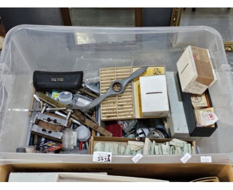 Box of jewellery and watch making/fixing equipment to include: watch glasses in various sizes, rolled gold and other buttons,
