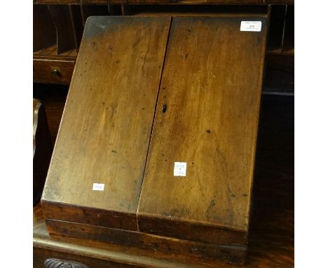Victorian mahogany fall front stationary cabinet together with an early 20th century oak letter rack and a Victorian brass do