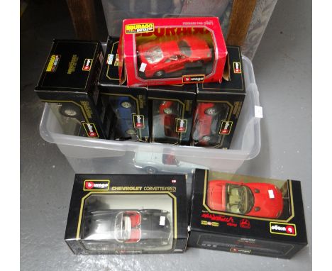 Collection of Burago 1:18 and 1:24 scale diecast model vehicles, to include: Mercedes Benz SSK 1928, Ferrari F40 1987, Chevro