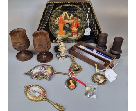 Box of oddments to include: Russian lacquered zither, pair of turned wooden goblets, decorated with elephants, continental mi