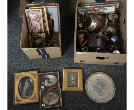 Two boxes of pictures and metalware to include: brass candlesticks, copper lidded pots and kettle, silver plated milk jug, sm