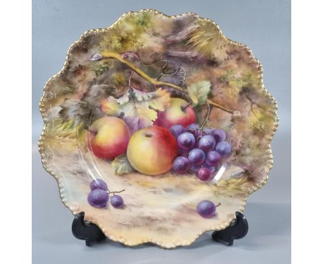 Royal Worcester porcelain cabinet plate, hand painted with fruits including apples and grapes with vines. Signed T. Lockyer, 