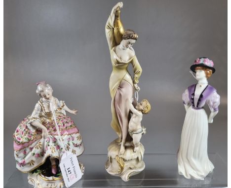 Royal Worcester 'Lady Camille' figurine together with a continental figure of a lady and an Italian figure group of mother an