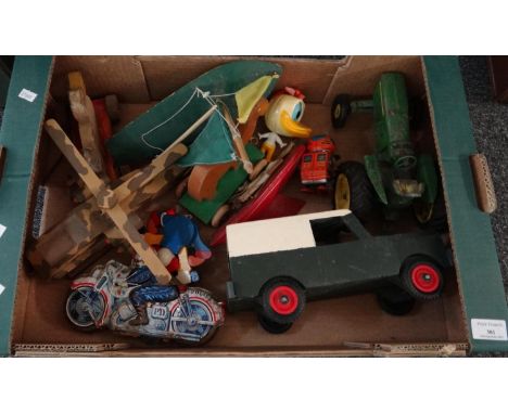 Box of vintage toys to include: two wooden painted scale model yachts; one by 'Birkenhead Star Productions', Camel and duck o