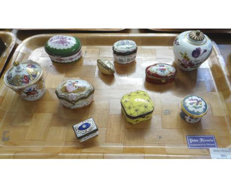 Collection of enamel and ceramic snuff and pill boxes to include: Royal Worcester Connoisseur collection, French hand painted