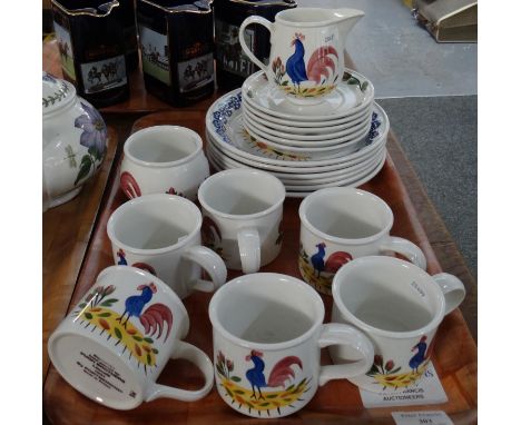 Tray of hand painted Pugh Brothers Llanelli cockerel design teaware by Portmeirion Pottery to include: cups and saucers, suga